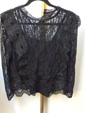 Lace Crochet Adiva Ruffle Trim Long Sleeve Boho Romantic Gothic Blouse Size M